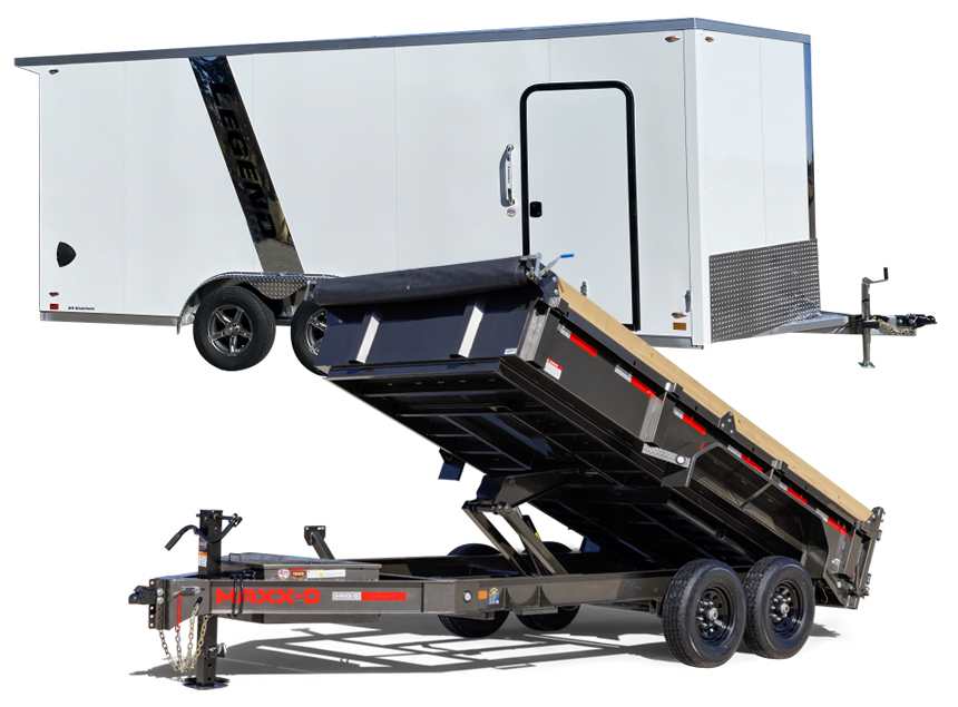 image of a cargo trailer and a dump trailer